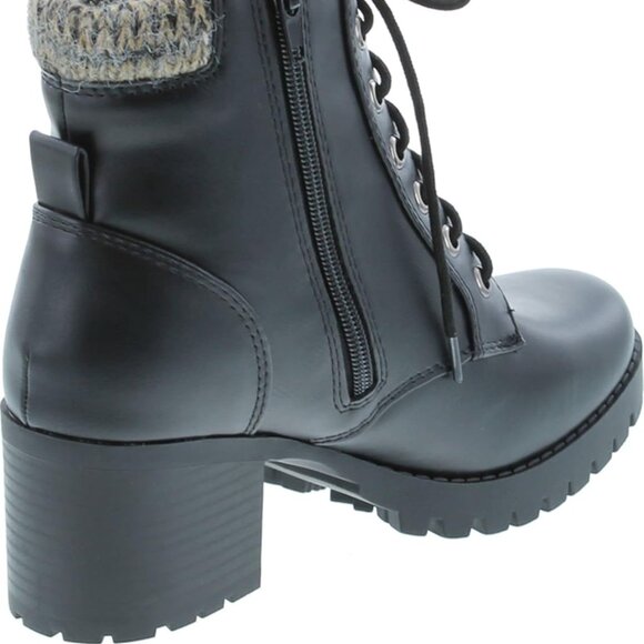 Chunky Heel Combat Ankle Boot Women Rubber Lug Sole Lace Zipper Black - Picture 5 of 8